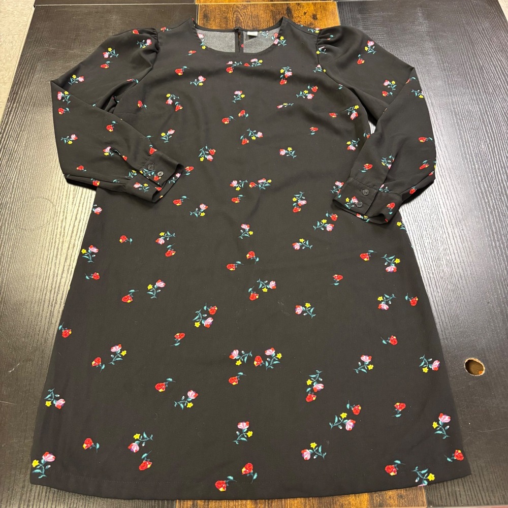 Old Navy Womens Black Floral Long Sleeve Shift Dress M Crew Neck Keyhole‎ Back